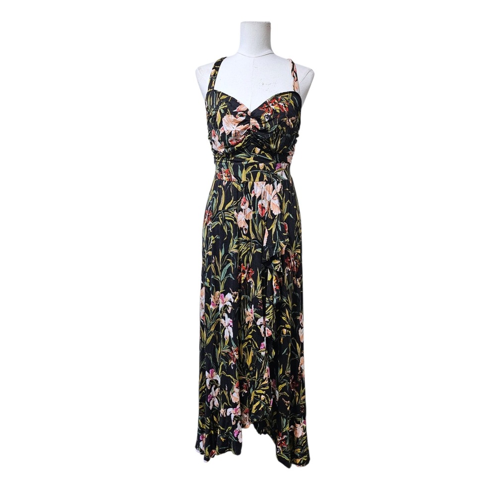 Maeve Anthropologie Black Tropical Floral Ruffle Maxi Dress Large OB992105